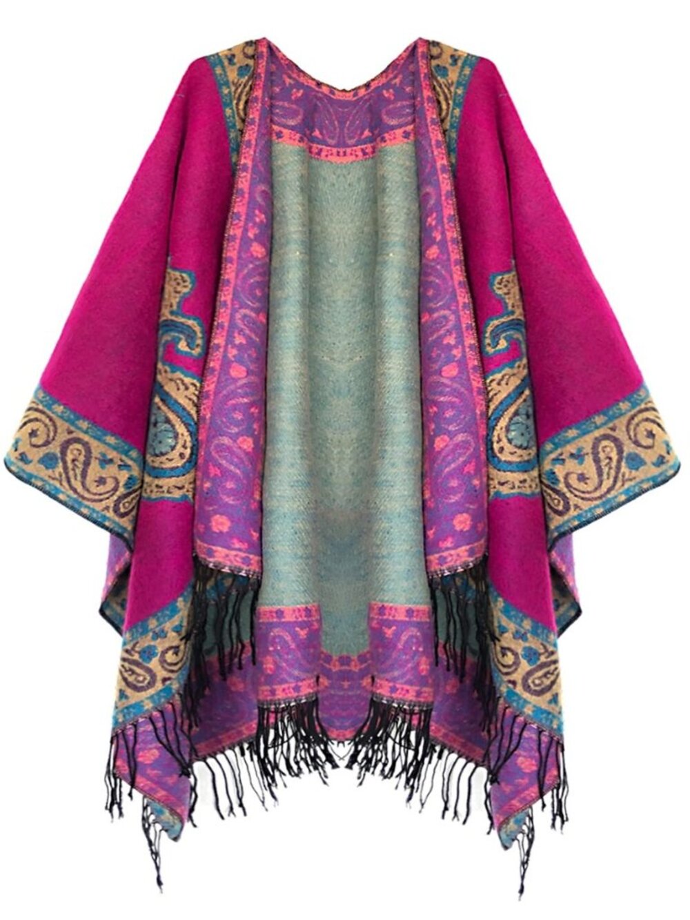 Women's Retro Style Vintage Pattern Tassel Poncho Shawl Cape Wraps For Women